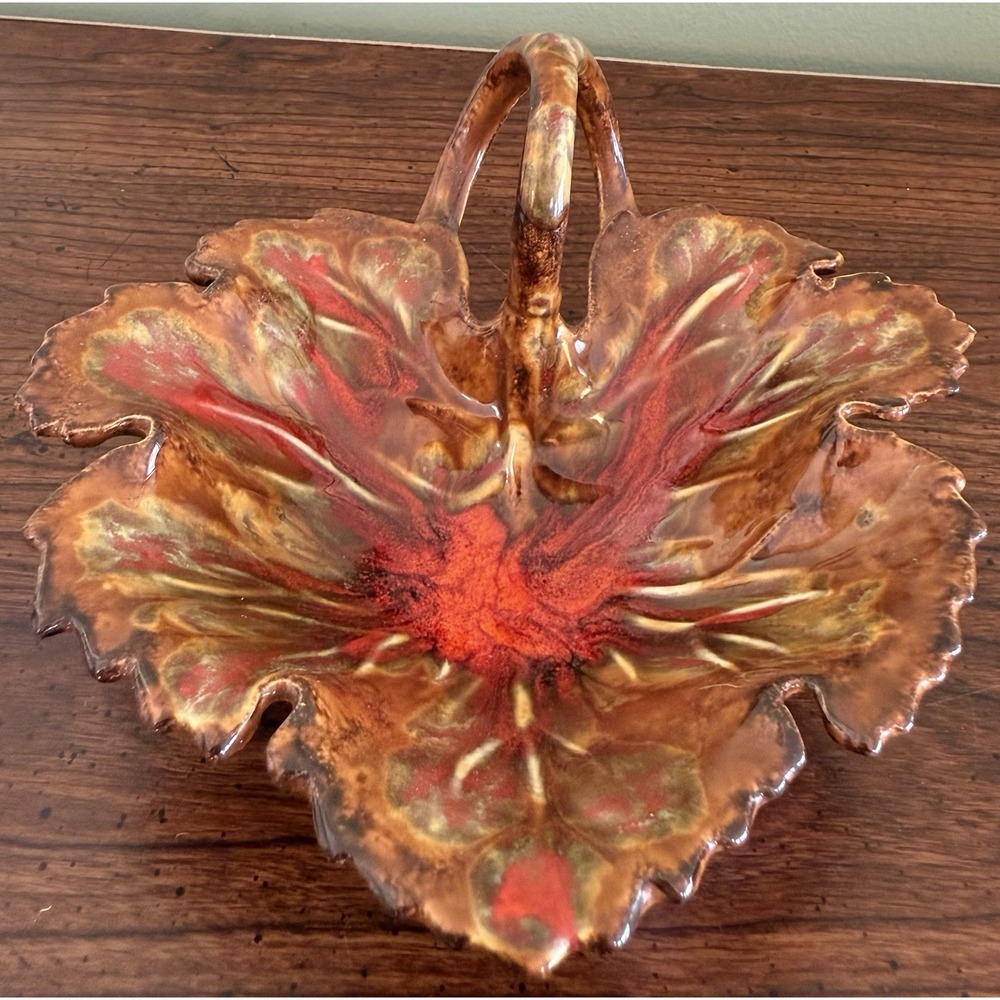 Glazed Ceramic Maple Leaf Shaped Trinket Dish With Handle Fall Decor‎ 6"